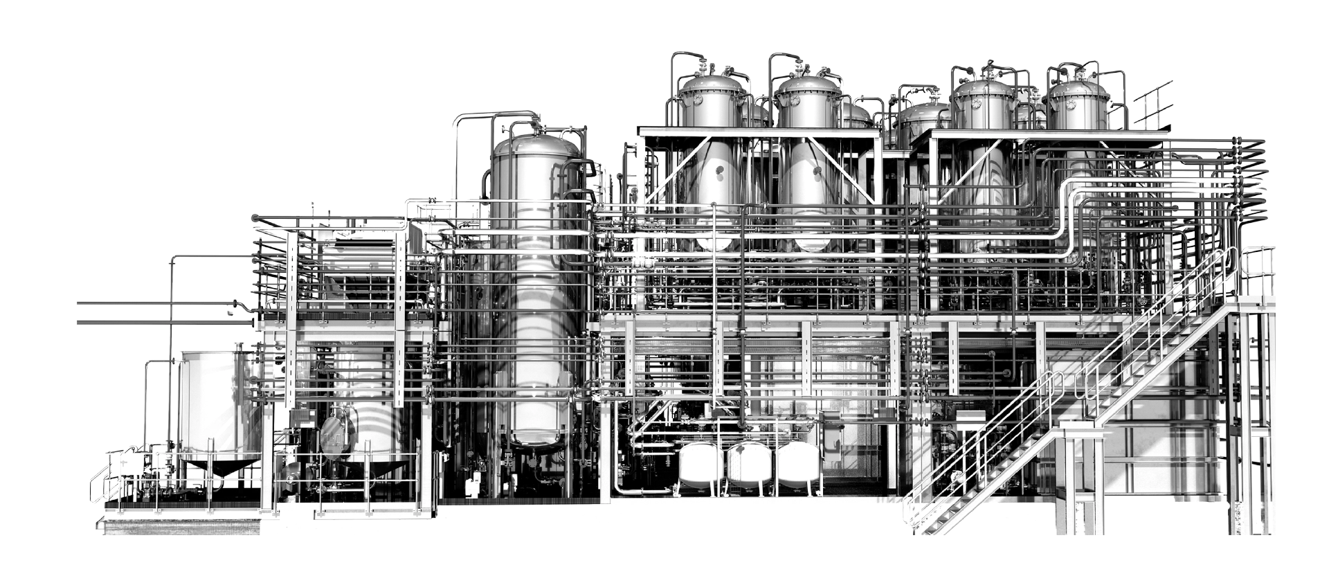 3D rendering of a modular hydrometallurgical processing plant, showing tanks, piping, and staircases